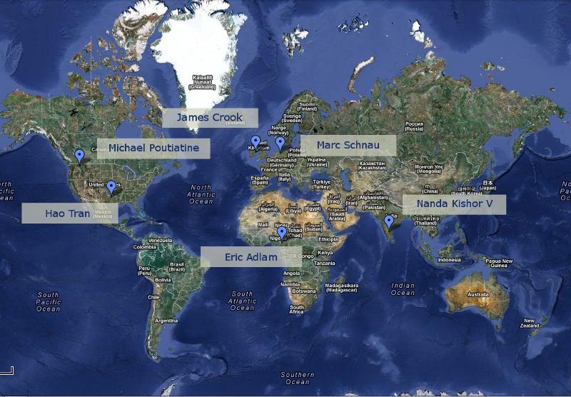 Worldmap, with team members locations marked (India, Germany, Irland, Cameroon, USA)